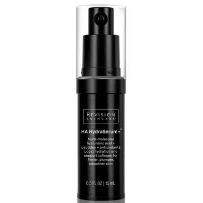 Revision Skincare HA HydraSerum+ black pump bottle with clear cap, 0.5 fl oz hydrating serum