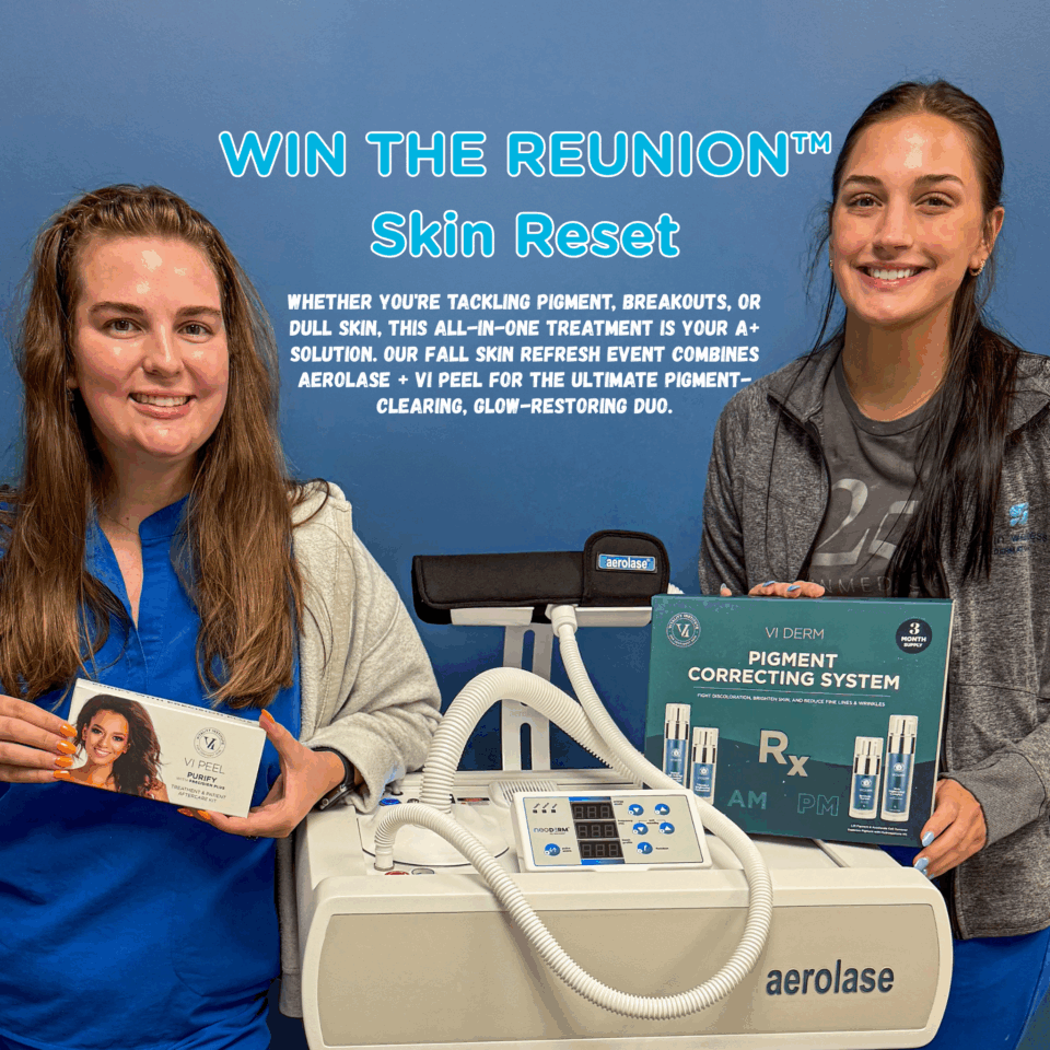 Two women smiling with Aerolase laser and VI Peel pigment-correcting kits in dermatology office, Birmingham, AL