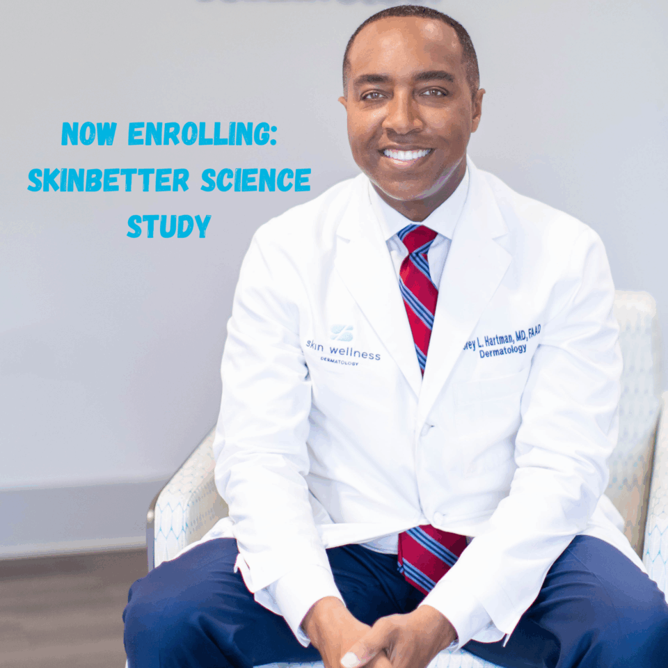 Smiling doctor in white coat promoting SkinBetter Science clinical study at dermatology practice, skin wellness logo visible