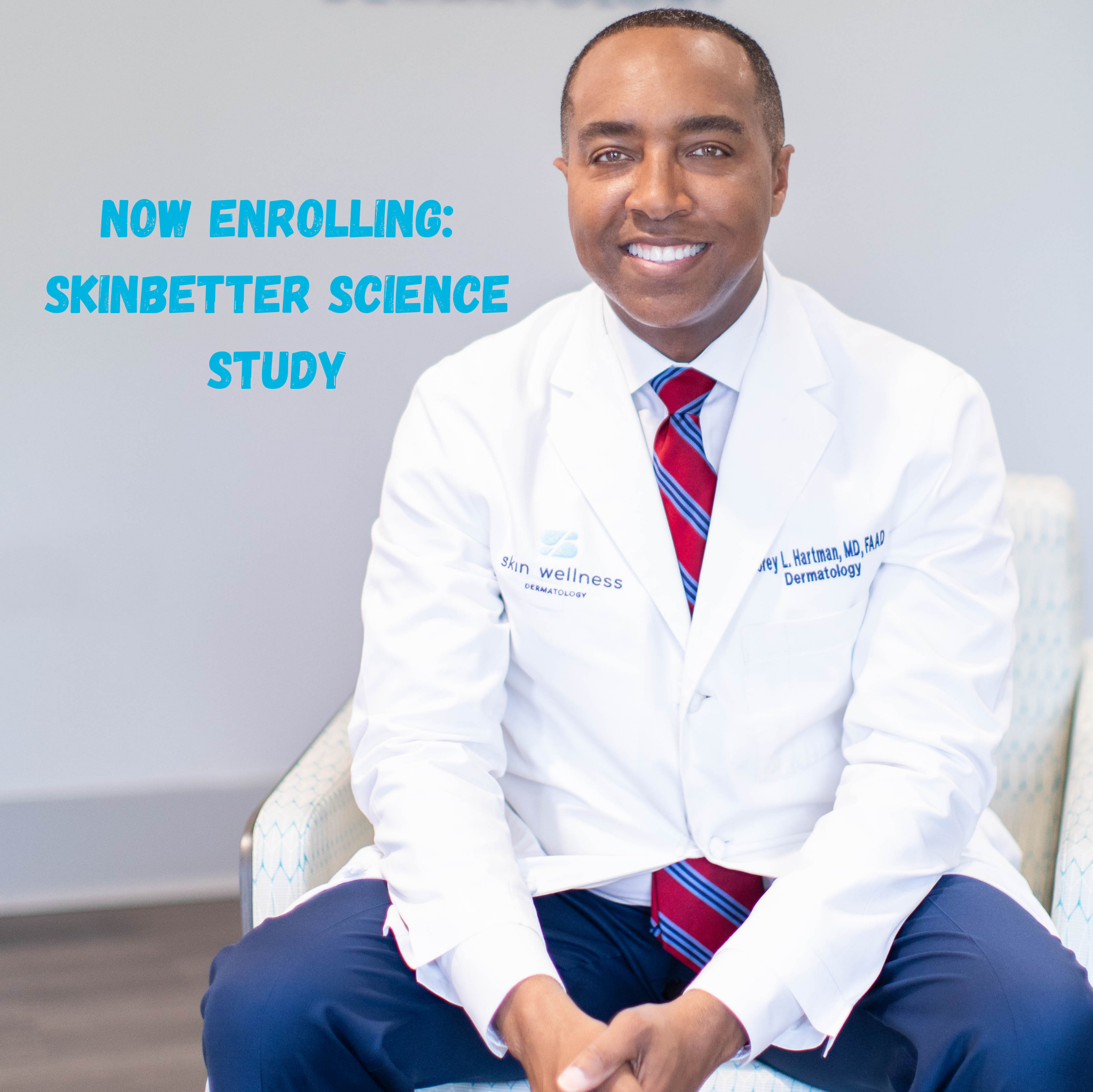 Smiling doctor in white coat promoting SkinBetter Science clinical study at dermatology practice, skin wellness logo visible