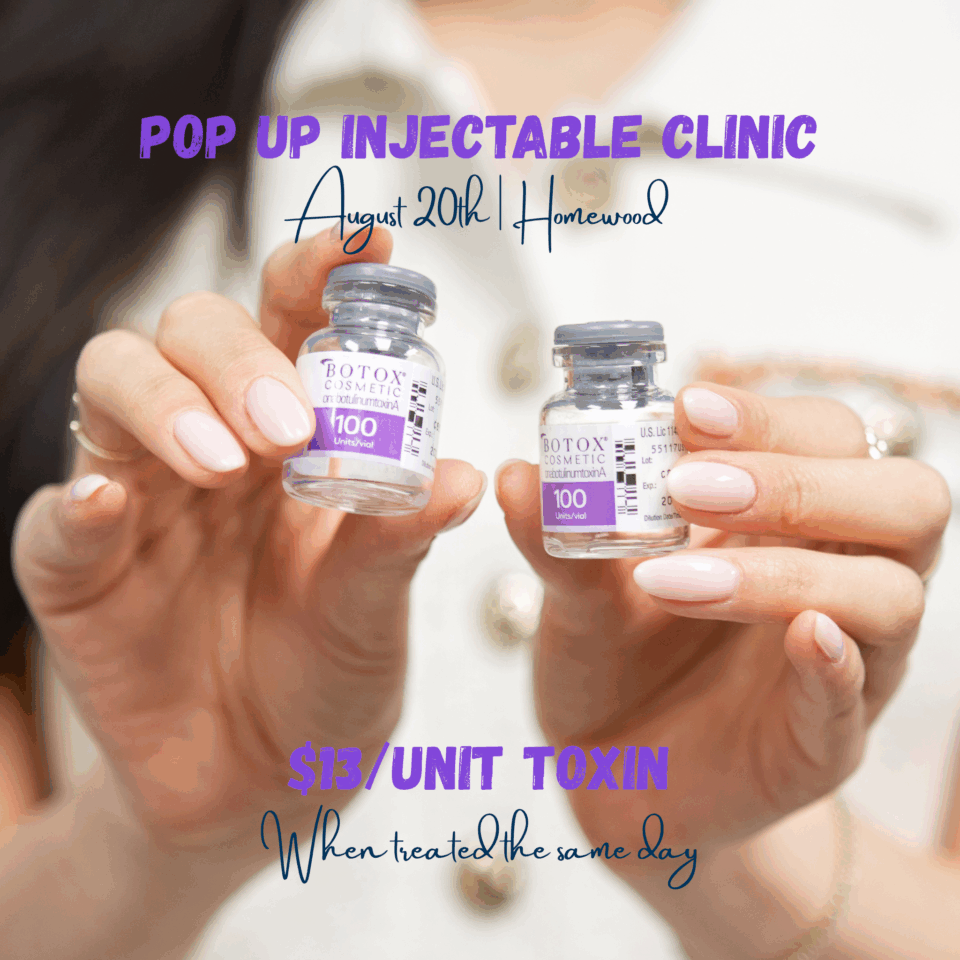 A woman holding two Botox vials with Pop Up Injectable Clinic promotional text