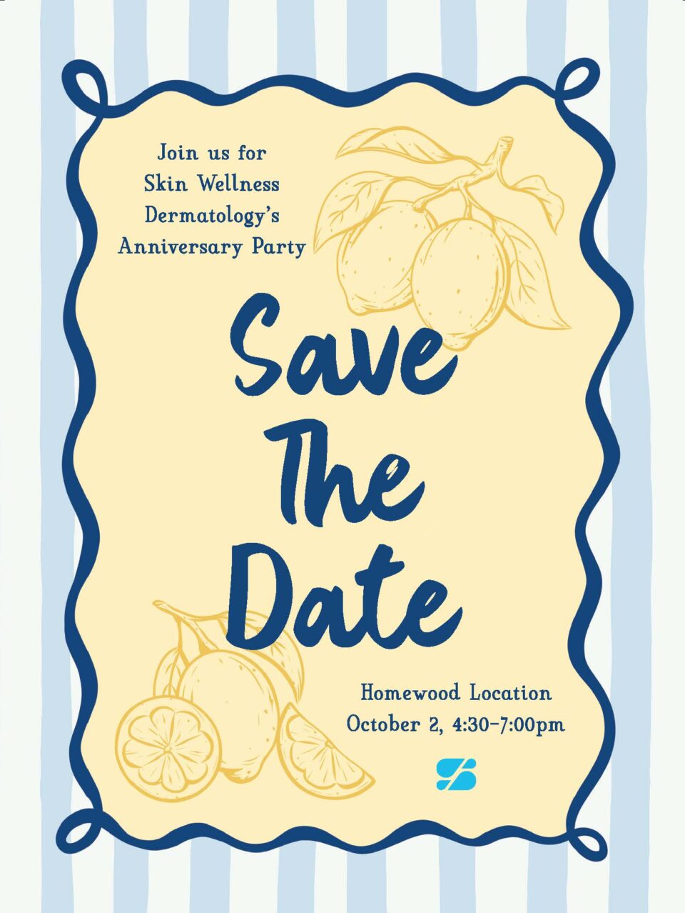Save the Date invite for Skin Wellness Dermatology anniversary, lemon illustration, Homewood Birmingham event