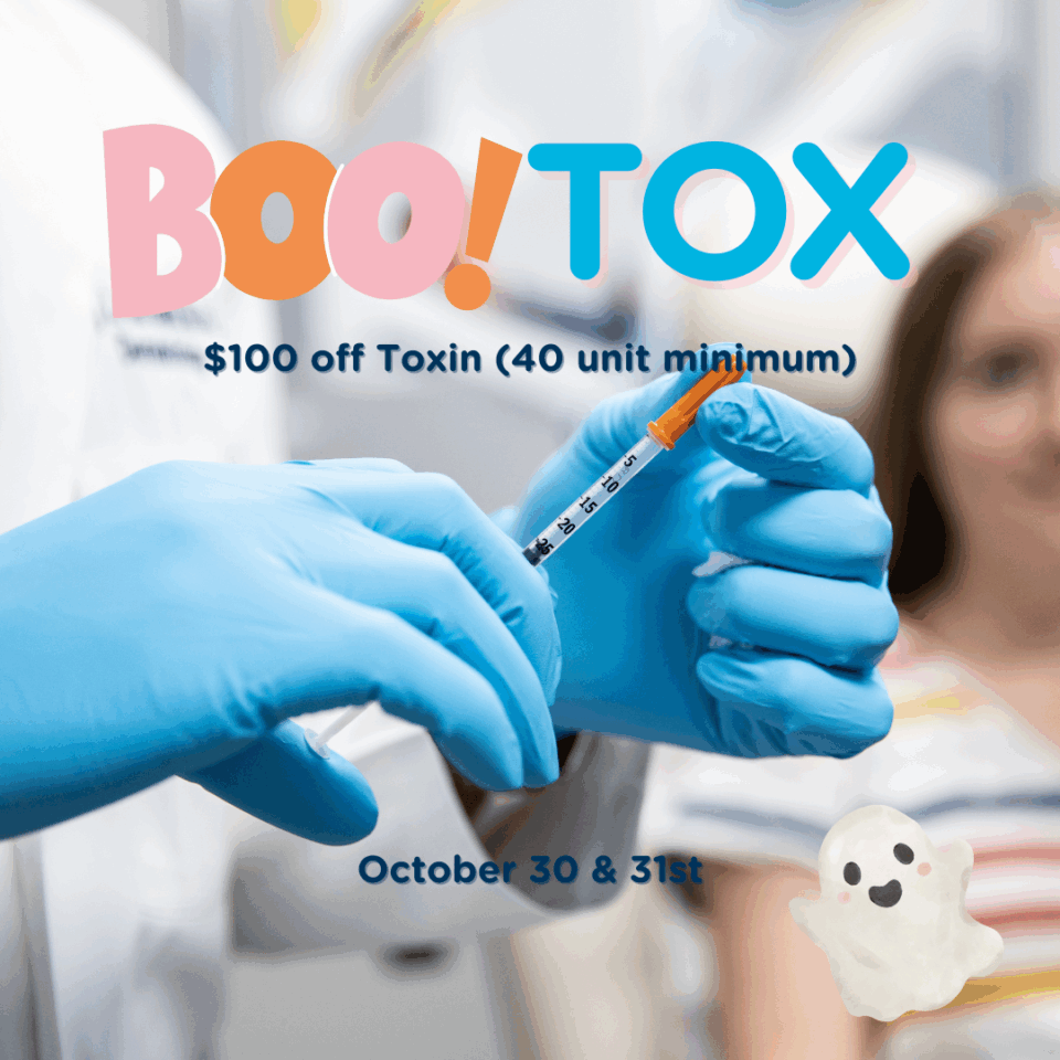 Clinician in blue gloves holding Botox syringe preparing to inject a patient, Halloween toxin special in Birmingham