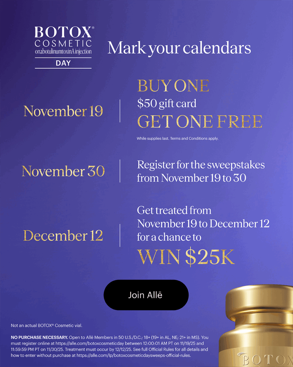 Botox Cosmetic Day promo poster for Birmingham, AL: Nov 19 BOGO $50 gift card; register Nov19–30; win $25K by Dec12