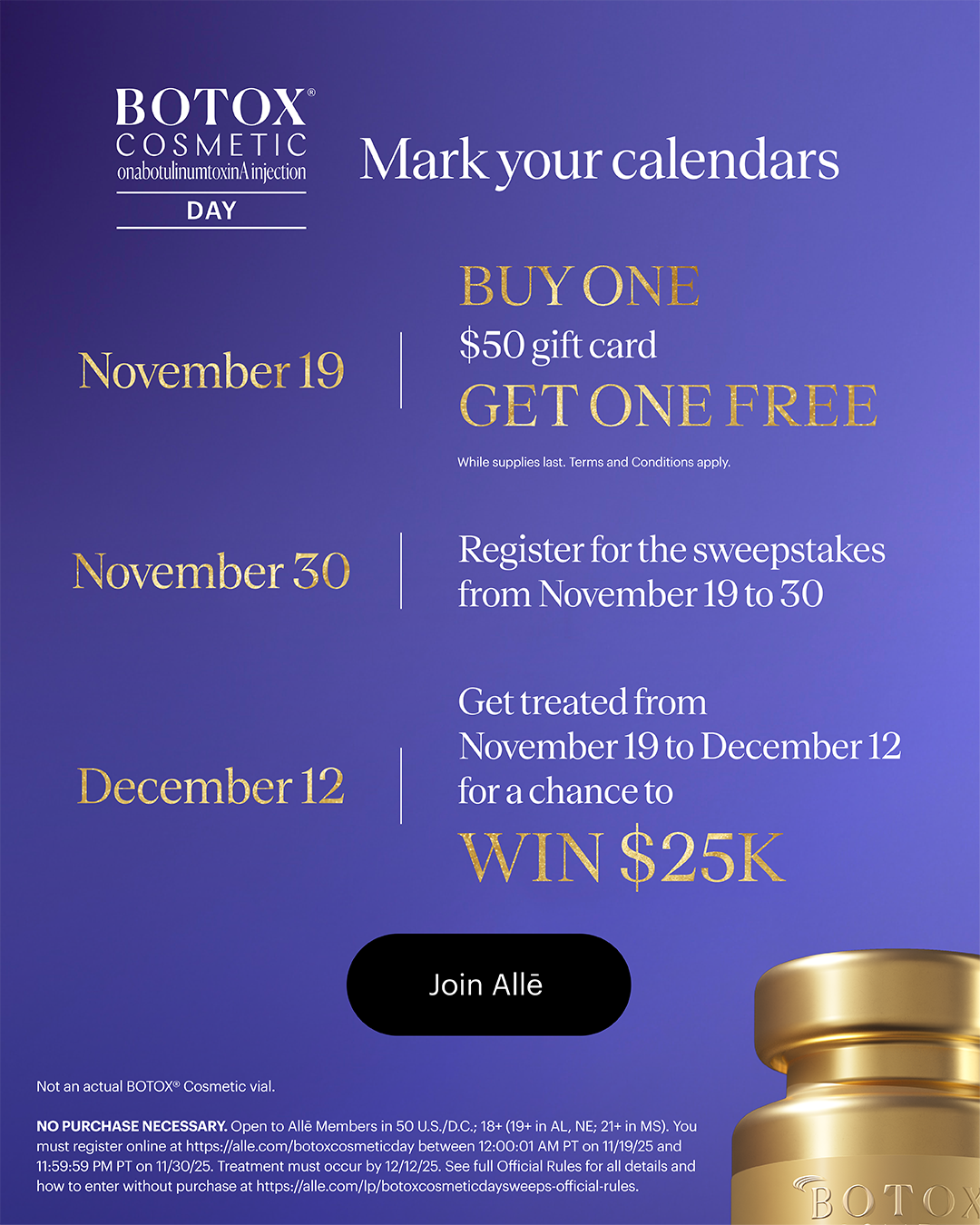 Botox Cosmetic Day promo poster for Birmingham, AL: Nov 19 BOGO $50 gift card; register Nov19–30; win $25K by Dec12
