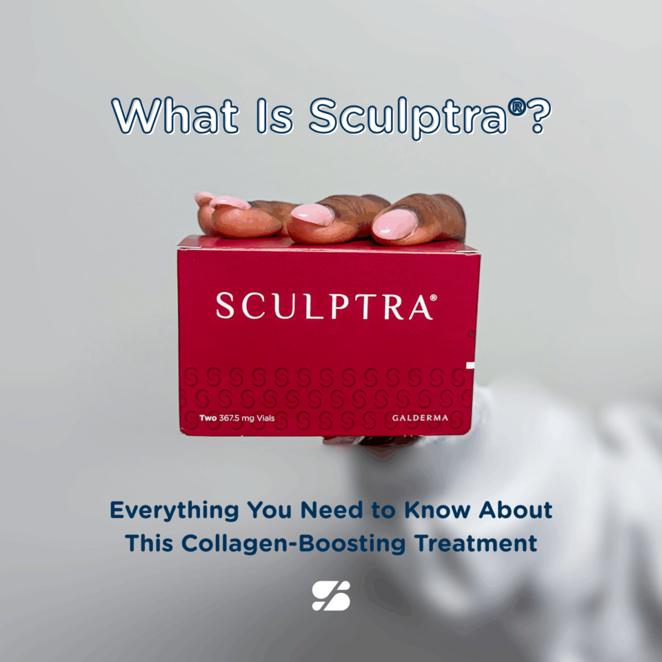 A woman's manicured hand holding a red Sculptra box under 'What Is Sculptra?' text, a collagen-boosting injectable.