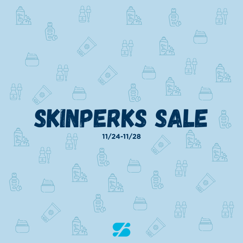 Blue background with 'SKINPERKS SALE' text, 11/24-11/28, skincare product icons, Birmingham AL
