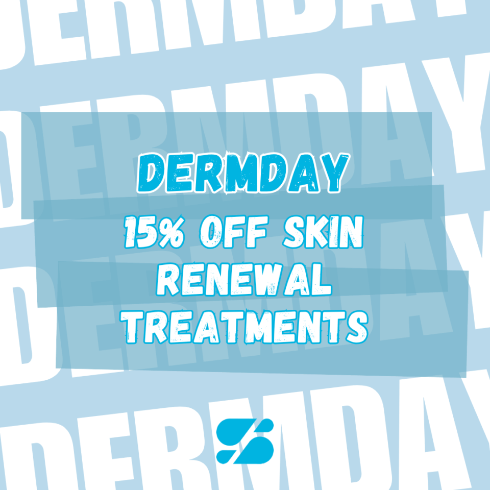 DERMDAY promo: 15% off skin renewal treatments, blue graphic for Birmingham dermatology clinic.