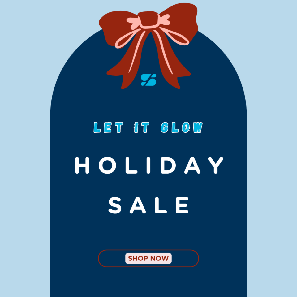 Birmingham skin-care holiday sale tag with red bow, Let It Glow headline and Shop Now button