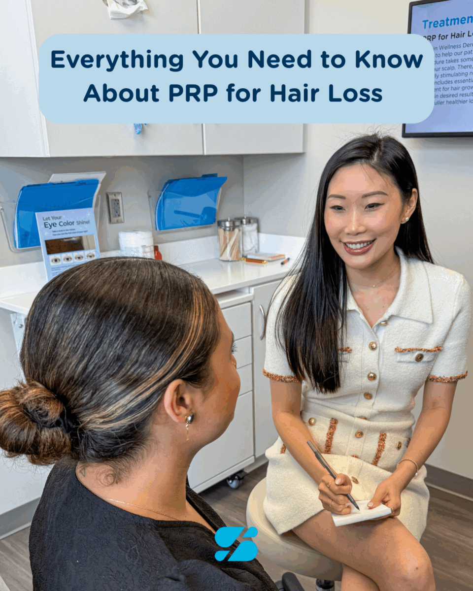 A doctor consulting a patient about PRP hair loss treatment in a dermatology clinic, smiling and taking notes.