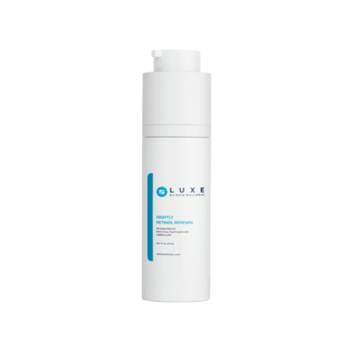 Luxe Nightly Retinol Renewal pump bottle, white anti-aging skincare product