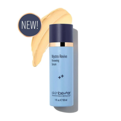 Skinbetter Science Mystro Revive Renewing Serum bottle with beige cream swatch – anti-aging skincare serum, 1 fl oz