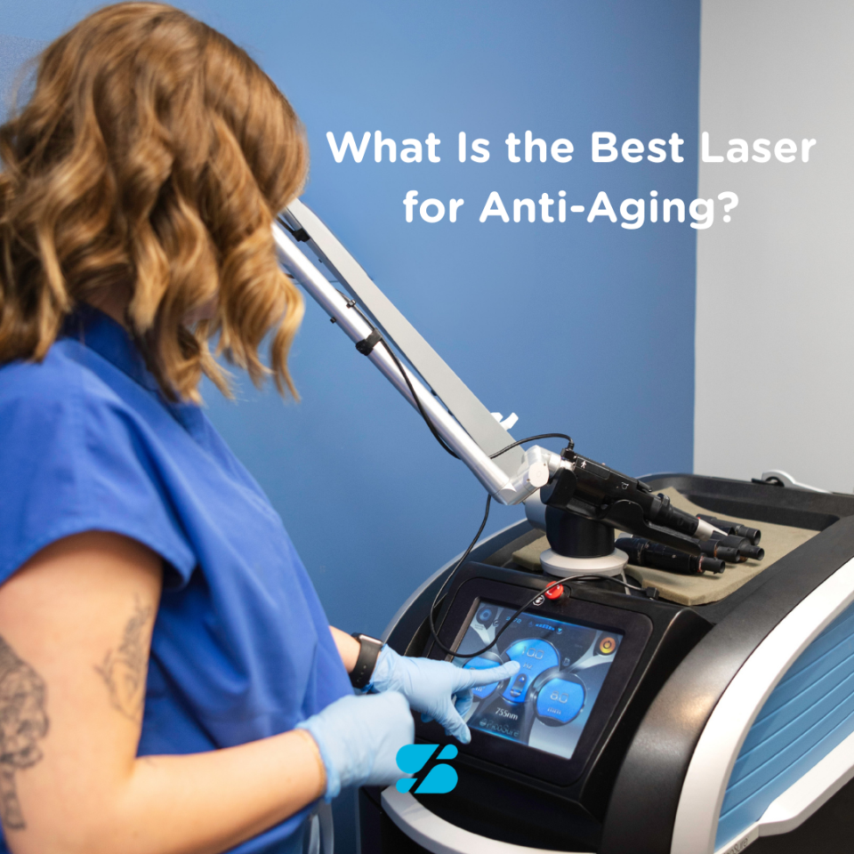 A clinician in blue scrubs and gloves adjusts a medical laser touchscreen for anti-aging skin treatment.