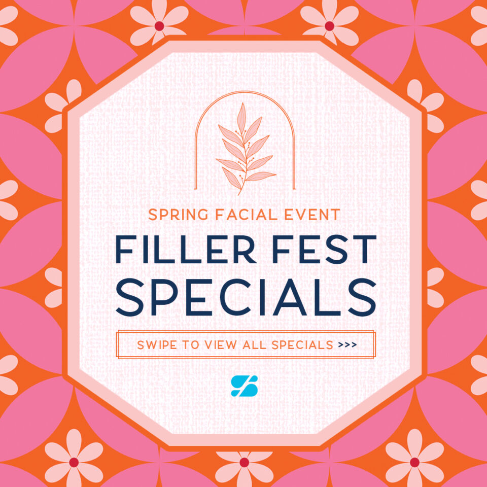 Spring Facial Event graphic: Filler Fest Specials on pink and orange floral background, swipe for specials