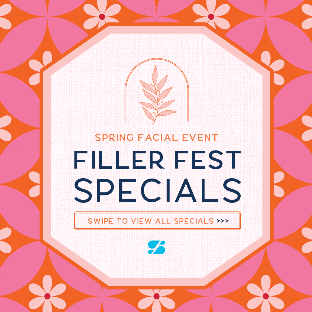 Spring Facial Event graphic: Filler Fest Specials on pink and orange floral background, swipe for specials