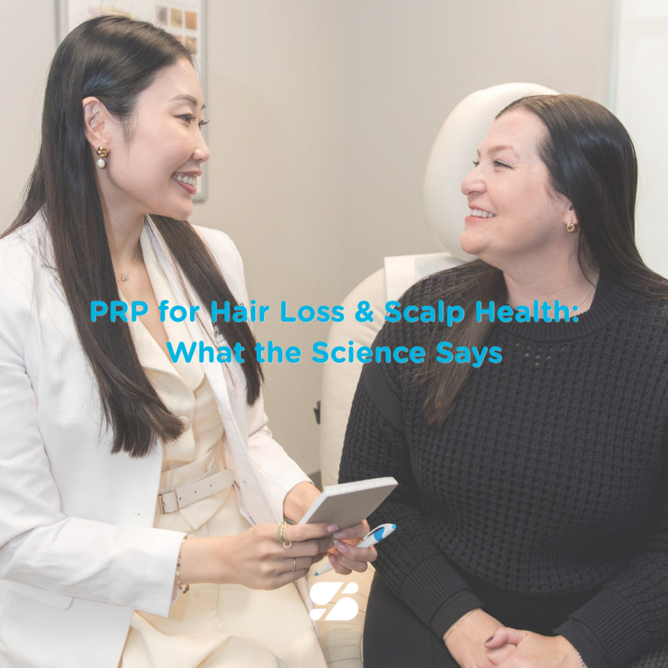 Doctor consulting with a patient in a clinic, smiling while discussing PRP treatment for hair loss and scalp health