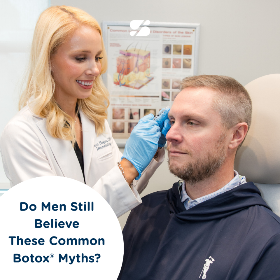 Female clinician injecting Botox into male patient's forehead at Birmingham dermatology clinic