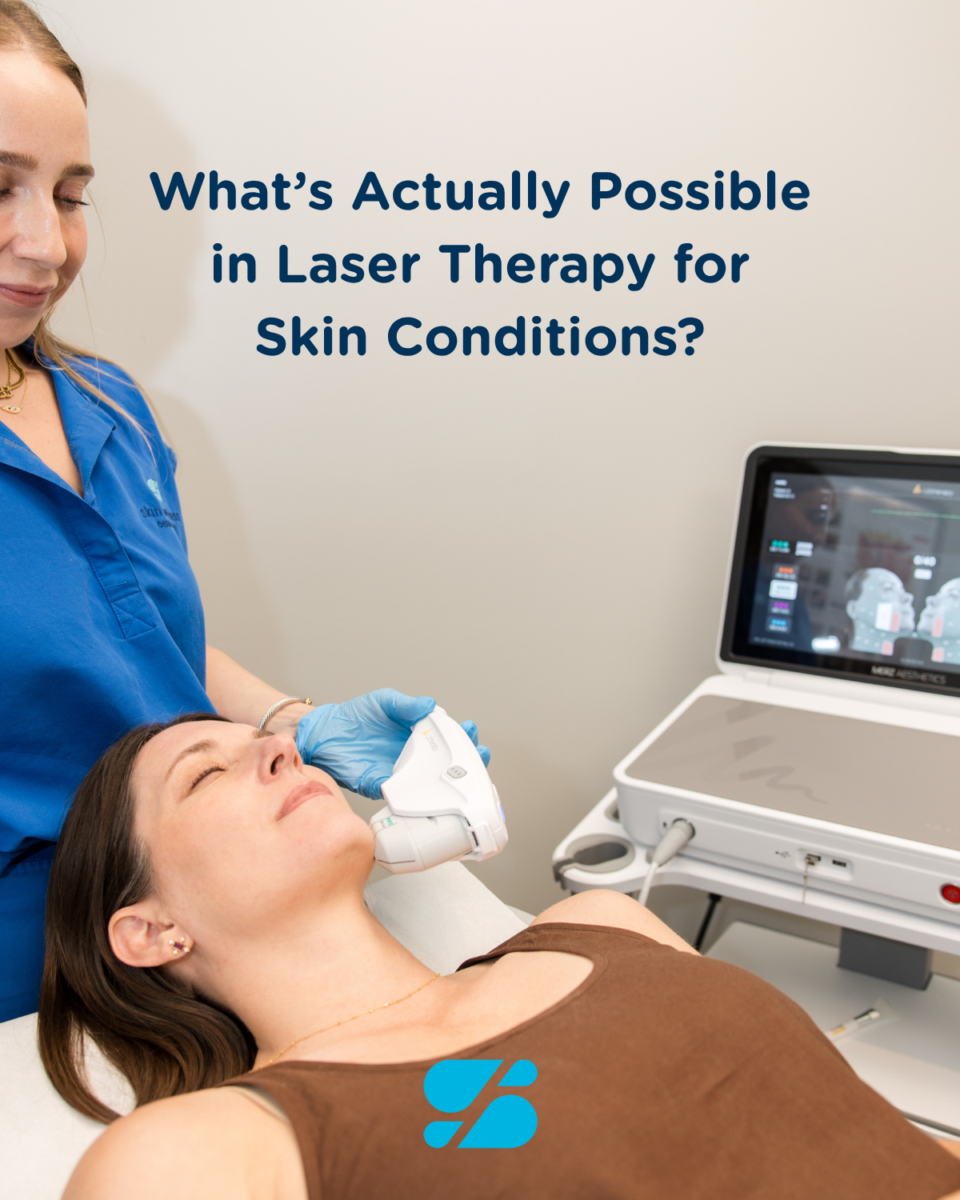 Woman receiving in-office laser skin therapy on jawline from clinician with device, medical spa treatment in Birmingham AL