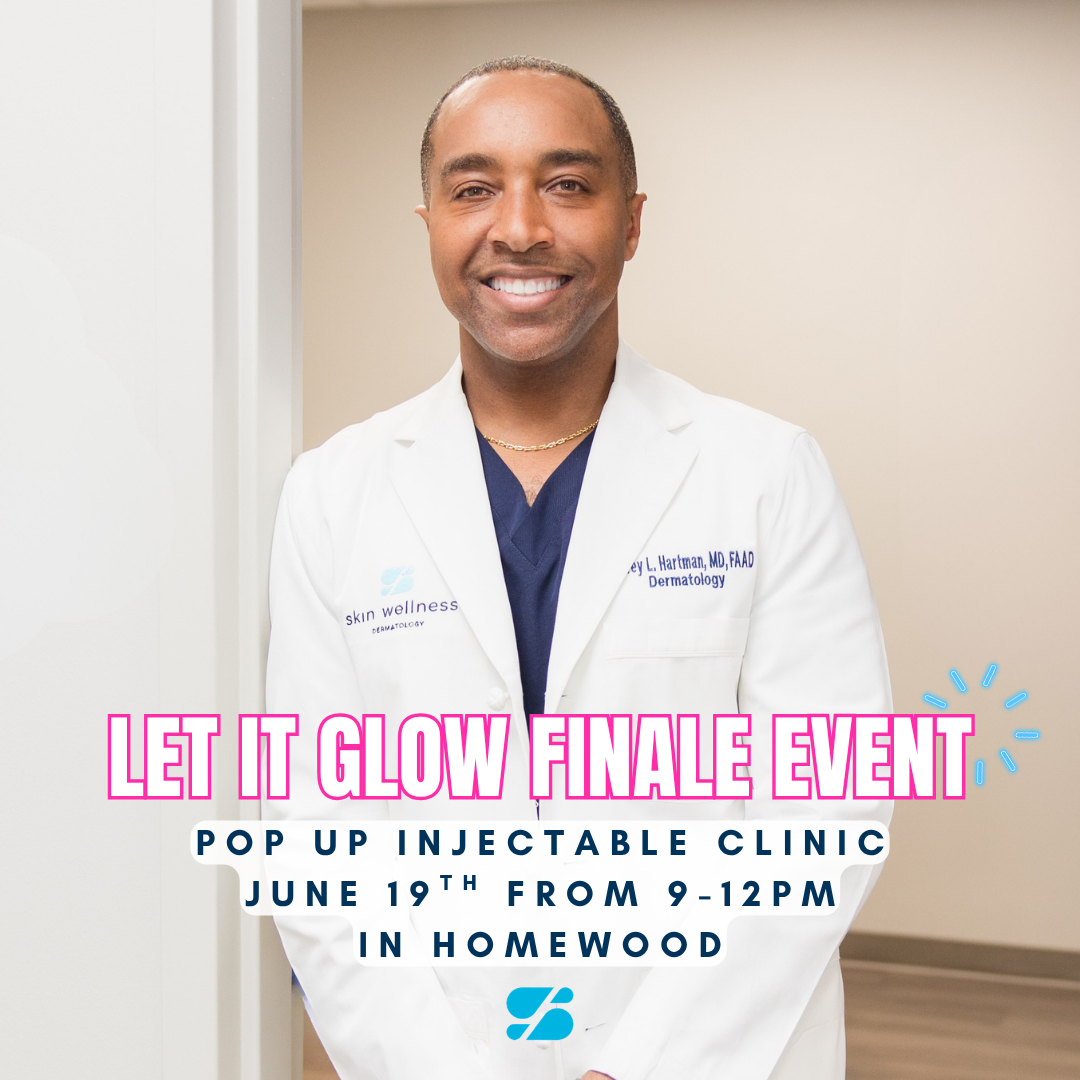Smiling dermatologist in white coat with Skin Wellness logo promoting pop-up injectable clinic in Homewood, Birmingham