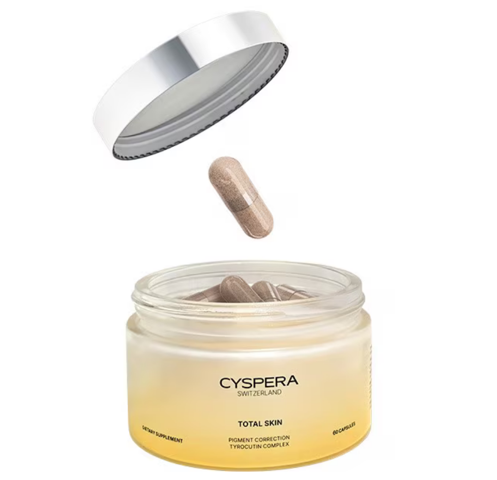 Cyspera Total Skin pigment correction capsules jar with one capsule dropping for skin brightening