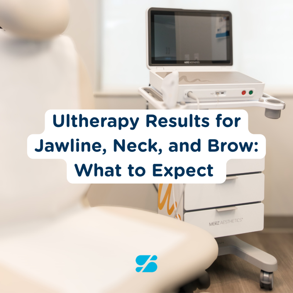 Ultherapy machine and treatment chair in Birmingham aesthetic clinic, text overlay about jawline, neck and brow results.