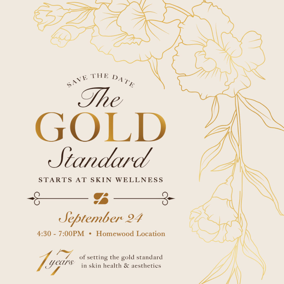 Save-the-date invitation: 'The GOLD Standard' event at Skin Wellness, floral gold design, September 24, Homewood location