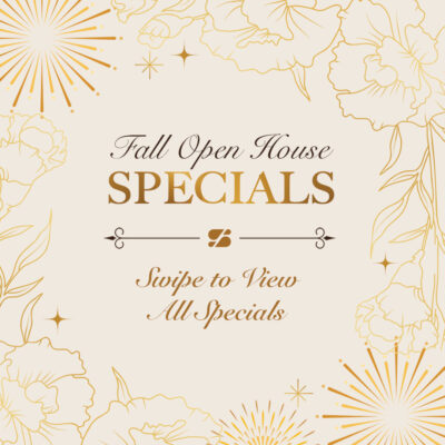 Fall Open House specials graphic for Birmingham dermatology clinic with gold floral accents and 'Swipe to View All Specials'