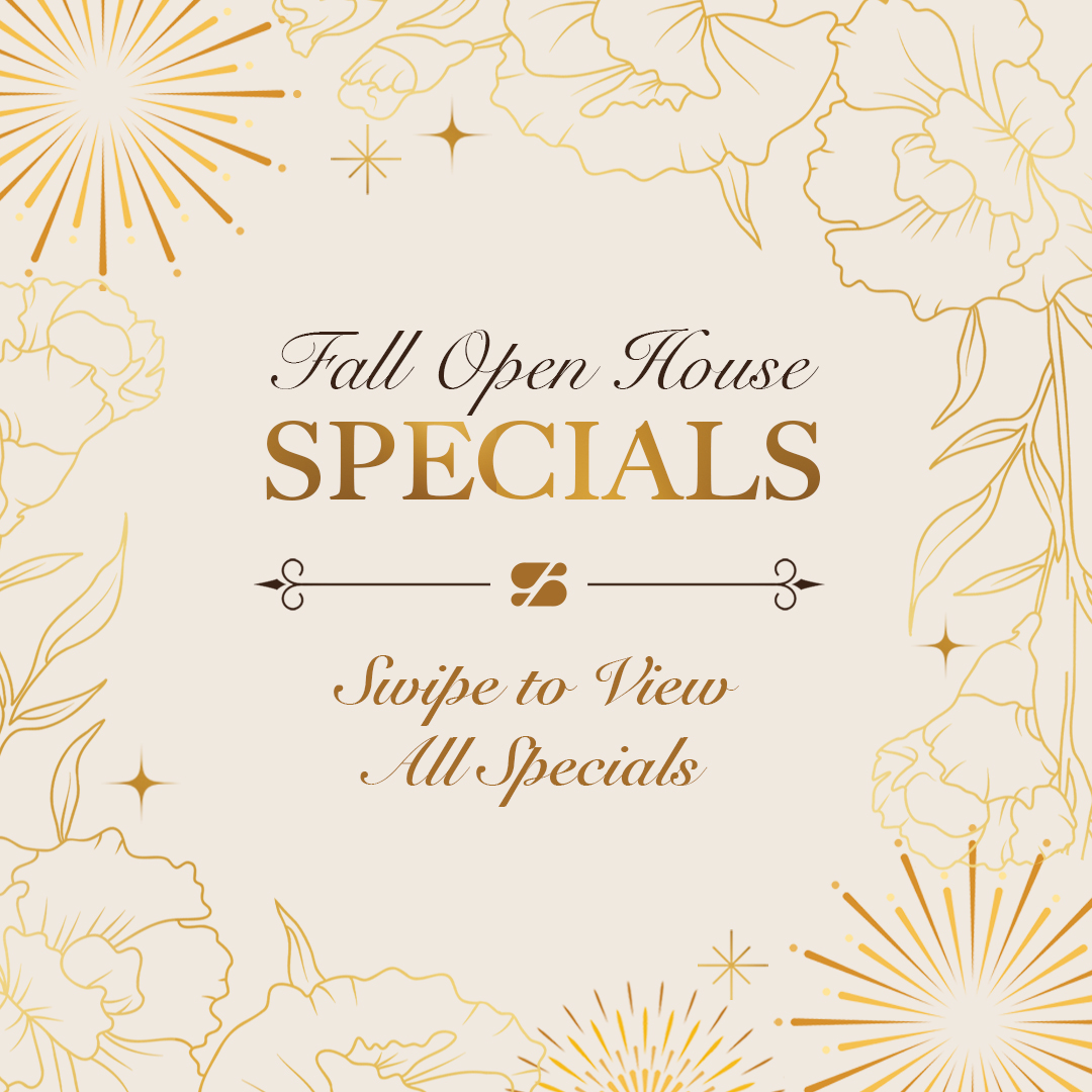 Fall Open House specials graphic for Birmingham dermatology clinic with gold floral accents and 'Swipe to View All Specials'