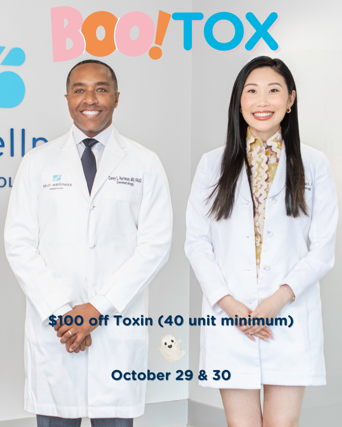 A man and a woman dermatologists in white coats promoting BooTox $100 off toxin event in Birmingham Oct 29–30